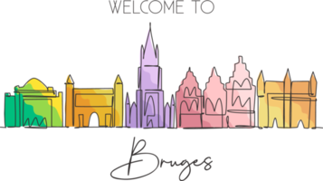 Single continuous line drawing of Bruges city skyline, Belgium. Famous skyscraper landscape. World travel home wall decor poster print concept. Editable modern one line draw design vector illustration png