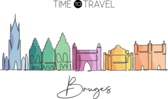 One continuous line drawing of Bruges city skyline, Belgium. Beautiful city skyscraper postcard. World landscape tourism travel wall decor poster. Stylish single line draw design vector illustration png