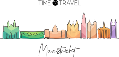 One continuous line drawing of Maastricht city skyline, Netherlands. Beautiful skyscraper postcard. World landscape tourism travel wall decor poster print. Single line draw design vector illustration png