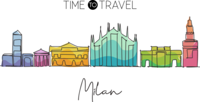 een doorlopende lijntekening van de skyline van de stad van Milaan, Italië. mooie wolkenkrabber. wereld landschap toerisme reizen vakantie muur decor poster concept. stijlvolle enkele lijn tekenen ontwerp vectorillustratie png