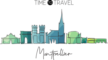 een doorlopende lijntekening de skyline van de stad van Montpellier. mooie wolkenkrabber. wereld landschap toerisme reizen huis muur decor poster vakantie concept. stijlvolle enkele lijn tekenen ontwerp vectorillustratie png