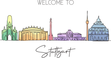 Single kontinuierlich Linie Zeichnung von Stuttgart Stadt Horizont, Deutschland. berühmt Wolkenkratzer Landschaft. Welt Reise Zuhause Kunst Mauer Dekor Poster drucken Konzept. modern einer Linie zeichnen Design Vektor Illustration png