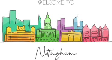 One single line drawing Nottingham city skyline. Historical city skyscraper landscape in world. Best destination vacation home wall decor art concept. Continuous line draw design vector illustration png