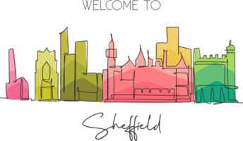 Single continuous line drawing Sheffield city skyline. Famous city skyscraper landscape in world. World travel campaign wall decor poster print concept. Modern one line draw design vector illustration png