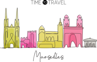 dessin en ligne continue unique des toits de la ville de marseille, france. célèbre paysage de gratte-ciel de la ville. concept d'art d'impression d'affiche de décor de mur de voyage du monde. illustration vectorielle de dessin à une ligne moderne png