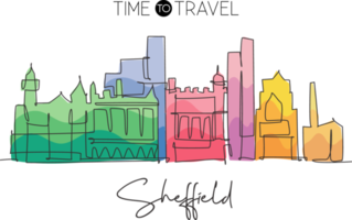 One continuous line drawing of Sheffield city skyline. Beautiful city skyscraper. World landscape tourism travel vacation wall decor poster concept. Trendy single line draw design vector illustration png