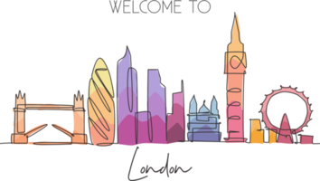 Single continuous line drawing of London city skyline. Famous city skyscraper landscape in world. World travel campaign home wall decor poster concept. Modern one line draw design vector illustration png