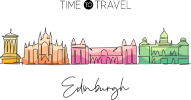 einzelne durchgehende linienzeichnung der skyline von edinburgh schottland. berühmte Stadtkratzerlandschaft. Weltreisekonzept Hauptwanddekorplakatdruckkunst. moderne einzeilige abgehobene betragsdesign-vektorillustration png