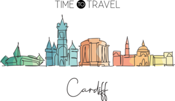 un disegno a linea singola dello skyline della città di Cardiff, nel Galles. paesaggio storico della città nel mondo. miglior poster di destinazione per le vacanze. tratto modificabile illustrazione vettoriale di disegno a linea continua alla moda png