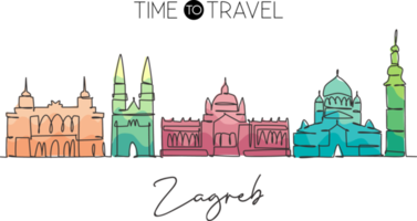 dessin en ligne continue unique de l'horizon de la ville de zagreb, croatie. célèbre paysage de gratte-ciel de la ville. monde voyage concept affiche impression maison décoration murale art. illustration vectorielle de dessin à une ligne moderne png