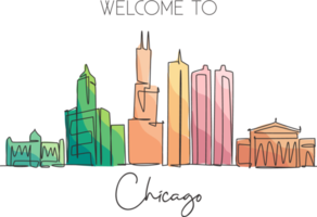 Single continuous line drawing of Chicago city skyline, USA. Famous city scraper and landscape. World travel concept home wall decor poster print art. Modern one line draw design vector illustration png