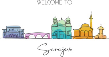 einzelne fortlaufende Linienzeichnung der Skyline der Stadt Sarajevo, Bosnien und Herzegowina. berühmte Landschaft. Weltreisekonzept Hauptwanddekor-Plakatdruck. moderne einzeilige abgehobene betragsdesign-vektorillustration png