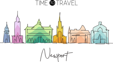Single continuous line drawing of Newport city skyline, Wales. Famous city scraper and landscape in the world. World travel concept art. Editable stroke modern one line draw design vector illustration png
