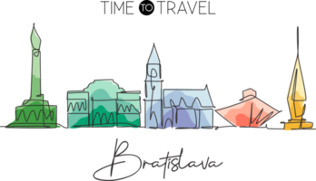 un dibujo de una sola línea del horizonte de la ciudad de bratislava, eslovaquia. paisaje histórico de la ciudad en el mundo. mejor destino de vacaciones. ilustración de vector de diseño de dibujo de línea continua de moda de trazo editable png