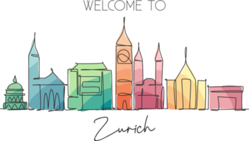 One continuous line drawing of Zurich city skyline, Switzerland. Beautiful skyscraper. World landscape tourism travel home wall decor poster print. Stylish single line draw design vector illustration png