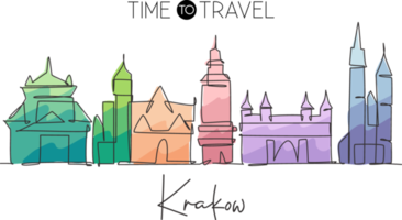 enkele doorlopende lijntekening van de skyline van de stad van Krakau, Polen. beroemde briefkaart van het wolkenkrabberlandschap. wereld reizen concept home muur decor kunst. bewerkbare moderne één lijn tekenen ontwerp vectorillustratie png