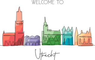 un disegno a linea singola dello skyline della città di utrecht, nei Paesi Bassi. paesaggio storico nella cartolina del mondo. poster per la decorazione della parete della migliore destinazione per le vacanze. illustrazione vettoriale di disegno di linea continua alla moda png