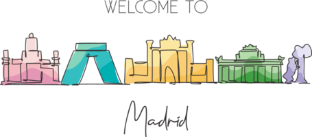 un dibujo de línea continua del horizonte de la ciudad de madrid, españa. hermoso rascacielos. concepto de cartel de decoración de pared de vacaciones de viaje de turismo de paisaje mundial. elegante ilustración de vector de diseño de dibujo de una sola línea png