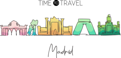 un dibujo de una sola línea del horizonte de la ciudad de madrid, españa. paisaje histórico de rascacielos en postal mundial. mejor cartel de decoración de pared de destino de vacaciones. ilustración de vector de diseño de dibujo de línea continua png