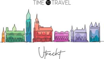 un dibujo de línea continua del horizonte de la ciudad de utrecht, países bajos. hermoso rascacielos. Póster de decoración de pared de vacaciones de viaje de turismo de paisaje mundial. elegante ilustración de vector de diseño de dibujo de una sola línea png