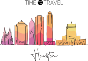 Single continuous line drawing of Houston city skyline, USA. Famous city scraper and landscape. World travel concept home wall decor poster print art. Modern one line draw design vector illustration png