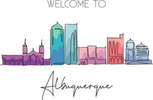 Single continuous line drawing of Albuquerque city skyline, New Mexico. Famous city landscape. World travel concept home wall decor poster print art. Modern one line draw design vector illustration png