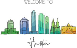 One continuous line drawing Houston city skyline, United States of America. Beautiful landmark. World famous city landscape poster. Editable stylish stroke single line draw design vector illustration png