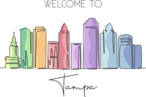 Single continuous line drawing of Tampa city skyline, USA. Famous city scraper and landscape. World travel concept home wall decor poster print art. Modern one line draw design vector illustration png