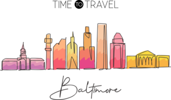 enda kontinuerlig linjeteckning baltimore city skyline, USA. berömd stadsskrapa. världsresor koncept vägg dekor affisch print konst. moderna en rad rita design vektorillustration png