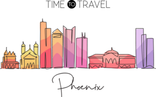 dessin en ligne continue unique de l'horizon de la ville de phoenix, états-unis. célèbre grattoir et paysage de la ville. concept de voyage dans le monde décor à la maison affiche d'art mural impression. illustration vectorielle de dessin à une ligne moderne png