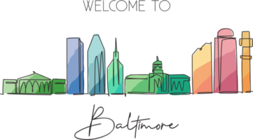 One continuous line drawing of Baltimore city skyline, USA. Beautiful landmark. World landscape tourism travel vacation poster art. Editable stylish stroke single line draw design vector illustration png