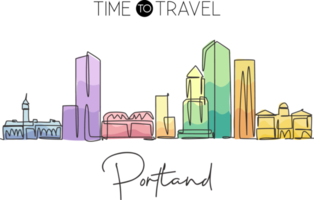 One single line drawing of Portland city skyline United States. Historical town landscape in the world. Best holiday destination. Editable stroke trendy continuous line draw design vector illustration png