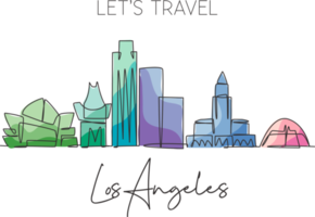 One single line drawing of Los Angeles city skyline, USA. Historical town landscape in world. Best holiday destination poster. Editable stroke trendy continuous line draw design vector illustration png