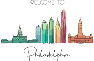 un disegno a linea continua dello skyline della città di philadelphia, stati uniti. bellissimo punto di riferimento. vacanza di viaggio nel paesaggio della città del mondo. illustrazione vettoriale di disegno a linea singola con tratto elegante modificabile png