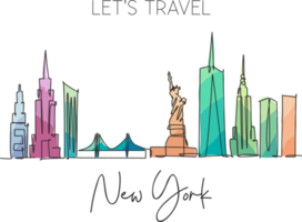 One single line drawing New York city skyline United States. Historical town landscape in world. Best holiday destination poster. Editable stroke trendy continuous line draw design vector illustration png