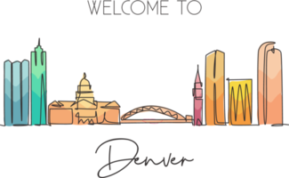 Single continuous line drawing of Denver city skyline, USA. Famous city scraper and landscape. World travel concept home decor wall art poster print. Modern one line draw design vector illustration png