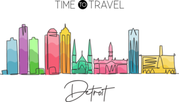 One continuous line drawing of Detroit city skyline, USA. Beautiful landmark. World landscape tourism travel vacation poster print. Editable stylish stroke single line draw design vector illustration png