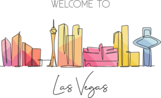 einzelne durchgehende strichzeichnung der skyline von las vegas, usa. berühmter Stadtkratzer und Landschaft. Weltreisekonzept Plakatdruckkunst. editierbarer Schlaganfall moderne einzeilige Zeichnungsdesign-Vektorillustration png