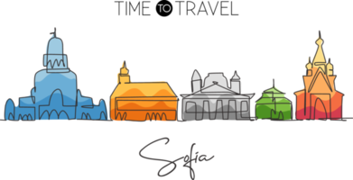 un disegno a linea singola dello skyline di Sofia, Bulgaria. paesaggio storico della città nel mondo. miglior poster di destinazione per le vacanze. tratto modificabile illustrazione vettoriale di disegno a linea continua alla moda png