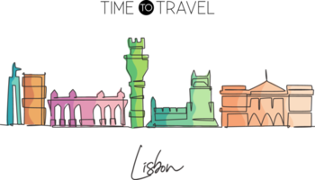 dessin en ligne continue unique des toits de la ville de lisbonne, portugal. célèbre paysage de gratte-ciel de la ville. concept de décoration murale de voyage dans le monde. trait modifiable illustration vectorielle de conception de dessin à une ligne moderne png