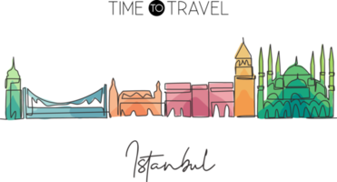 eine durchgehende strichzeichnung der skyline der stadt istanbul, türkei. schönes Wahrzeichen. Weltlandschaftstourismusreise-Ferienplakat. bearbeitbare, stilvolle, einzeilige, strichzeichnung, design, vektor, illustration png