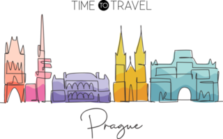 un disegno a linea singola dello skyline della città di praga, repubblica ceca. paesaggio storico della città nel mondo. poster per la decorazione della parete della migliore destinazione per le vacanze. illustrazione vettoriale di disegno di linea continua alla moda png