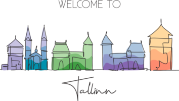 One single line drawing of Tallinn city skyline, Estonia. Historical town landscape in world. Best holiday destination poster. Editable stroke trendy continuous line draw design vector illustration png