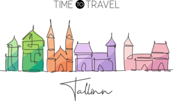 One continuous line drawing of Tallinn city skyline, Estonia. Beautiful landmark. World landscape tourism travel home wall decor poster print art. Stylish single line draw design vector illustration png