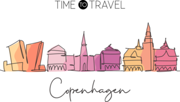 un disegno a linea continua dello skyline della città di copenhagen, danimarca. bellissimo punto di riferimento. manifesto delle vacanze di viaggio del turismo del paesaggio mondiale. illustrazione vettoriale di disegno a linea singola con tratto elegante modificabile png