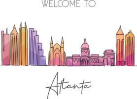 One single line drawing of Atlanta city skyline, United States. Historical town landscape. Best holiday destination wall decor poster print art. Trendy continuous line draw design vector illustration png