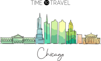 One single line drawing of Chicago city skyline, United States. Historical town landscape in the world. Best holiday destination. Editable stroke trendy continuous line draw design vector illustration png