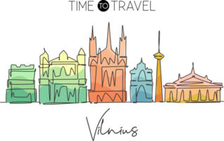 One continuous line drawing of Vilnius city skyline, Lithuania. Beautiful landmark. World landscape tourism travel vacation wall decor poster print. Stylish single line draw design vector illustration png