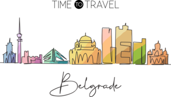 One single line drawing of Belgrade city skyline Serbia. Historical town landscape in the world. Best holiday destination poster. Editable stroke trendy continuous line draw design vector illustration png