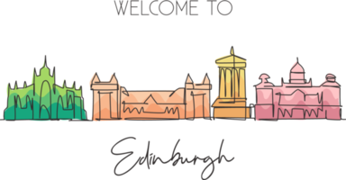 eine durchgehende strichzeichnung der skyline von edinburgh, schottland. schönes Wahrzeichen. Weltlandschaftstourismus und Reiseurlaub. bearbeitbare, stilvolle, einzeilige, strichzeichnung, design, vektor, illustration png